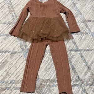 Brown Ribbed Knit Toddler Outfit with Tulle Skirt